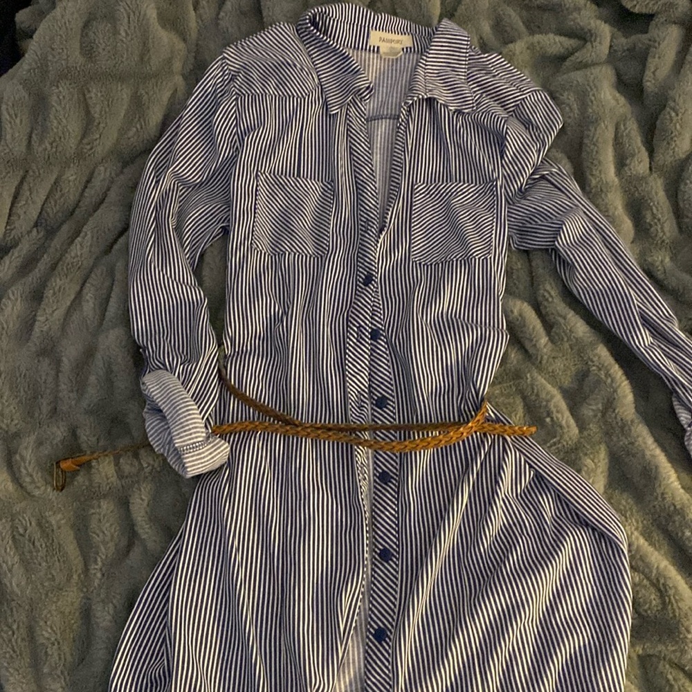 Blue and white stripes dress with string around it (brown)